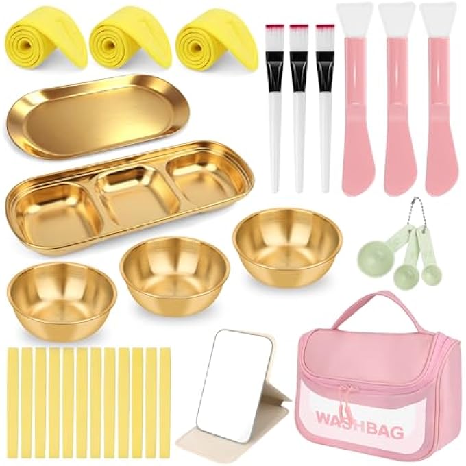 Windspeed 31 SET ESTHETICIAN SUPPLIES DIY SKINCARE KIT INCLUDE 3 FACIAL BOWLS 1 COMPARTMENT TRAY 1 SKINCARE TRAY 3 MASK BRUSHES 3 SILICONE MASK BRUSHER 3 HEADBANDS 1 MIRROR 3 SPOON 12 SPONGES 1 STORAGE BAG - Image 1